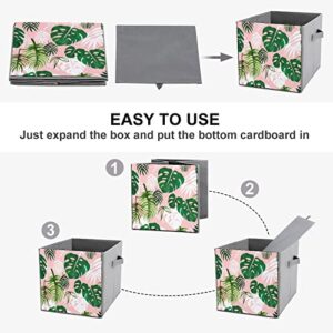 Pink Palm Leaves Collapsible Storage Bins Basics Folding Fabric Storage Cubes Organizer Boxes with Handles