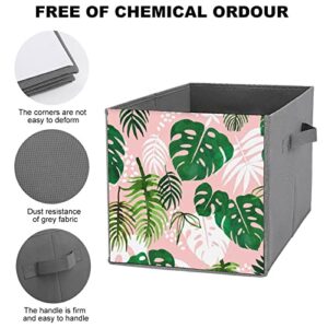 Pink Palm Leaves Collapsible Storage Bins Basics Folding Fabric Storage Cubes Organizer Boxes with Handles