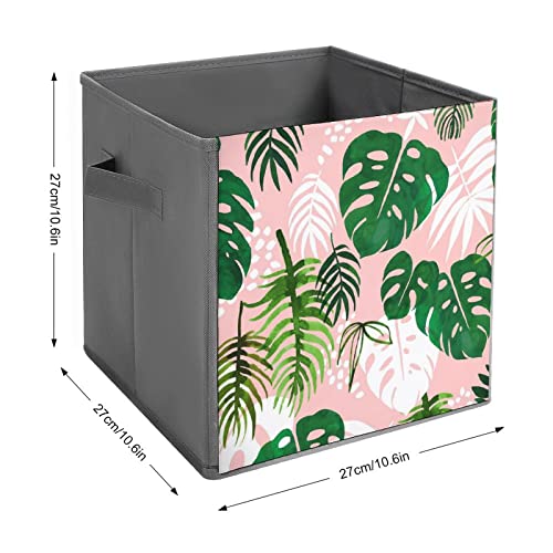 Pink Palm Leaves Collapsible Storage Bins Basics Folding Fabric Storage Cubes Organizer Boxes with Handles