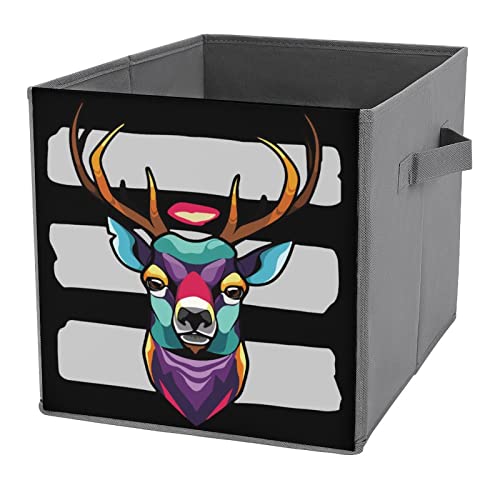 Colorful Geometric Reindeer Head Collapsible Storage Bins Basics Folding Fabric Storage Cubes Organizer Boxes with Handles