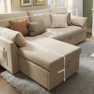 PaPaJet Sofa Bed, Sleeper Sofa with Storage Chaise-2 in 1 Pull Out Couch Bed for Living Room, Sectional Couch with Pull Out Bed Beige