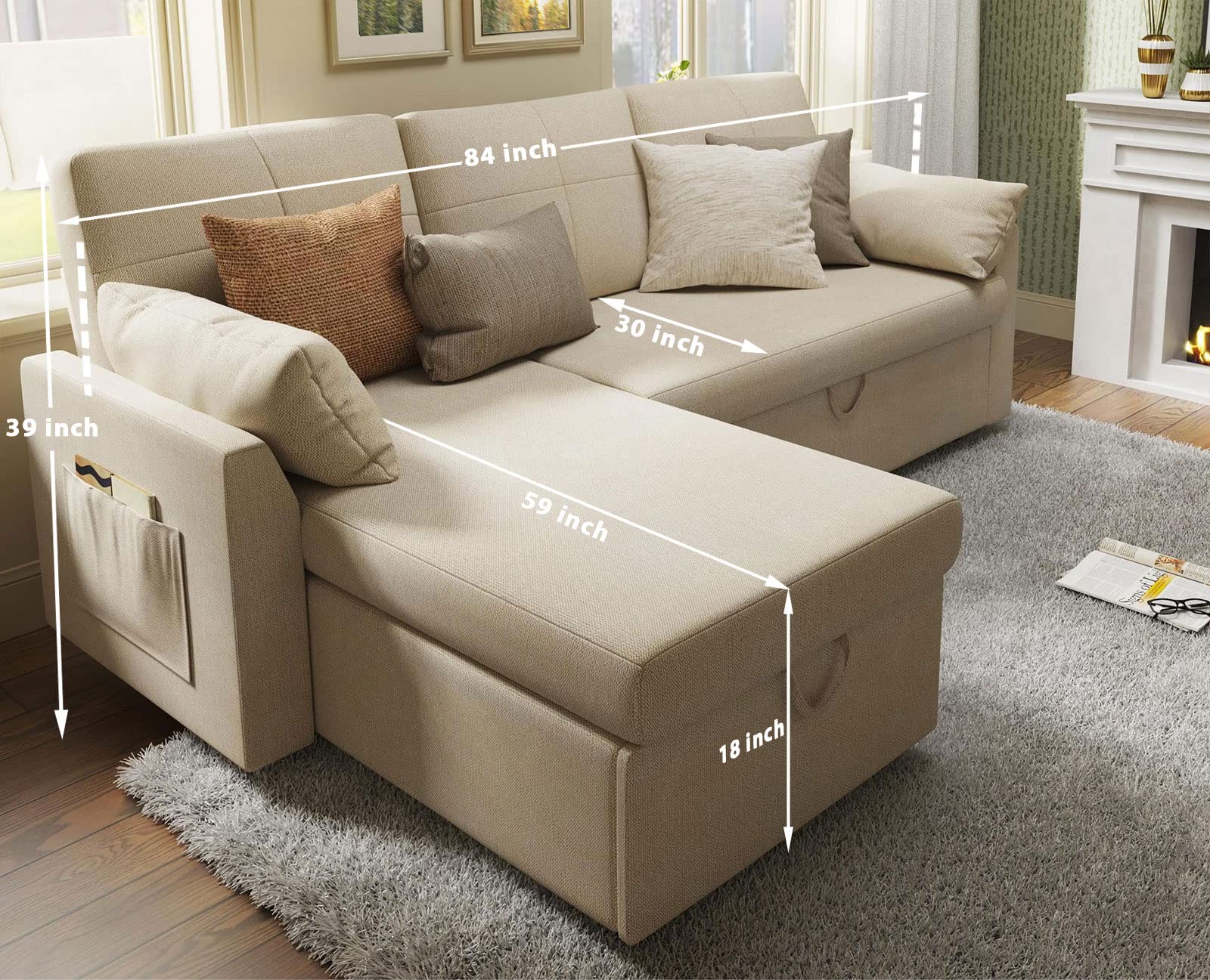 PaPaJet Sofa Bed, Sleeper Sofa with Storage Chaise-2 in 1 Pull Out Couch Bed for Living Room, Sectional Couch with Pull Out Bed Beige