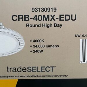 Hubbell Columbia Lighting CRB-40MX-EDU Wet Location LED High Bay, UFO LED Light, 4000K, 34000 lumens, 243 watts, HID replacelent, 0-10V dimming