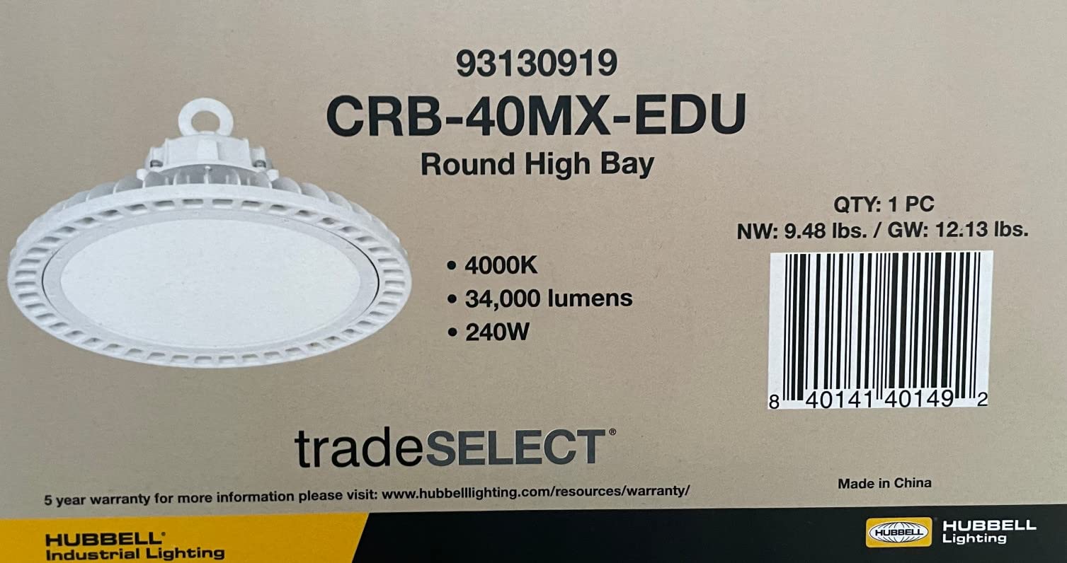 Hubbell Columbia Lighting CRB-40MX-EDU Wet Location LED High Bay, UFO LED Light, 4000K, 34000 lumens, 243 watts, HID replacelent, 0-10V dimming