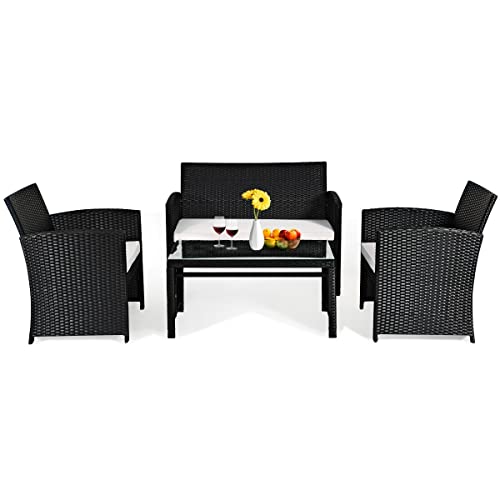 WYKDD 4PCS Patio Rattan Furniture Conversation Set Cushioned Sofa Table Garden Single Sofa