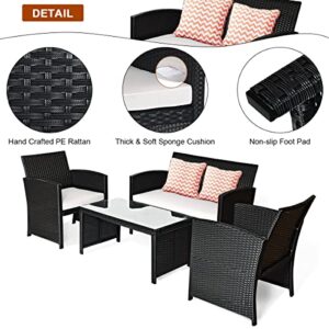 WYKDD 4PCS Patio Rattan Furniture Conversation Set Cushioned Sofa Table Garden Single Sofa