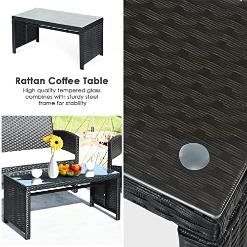 WYKDD 4PCS Patio Rattan Furniture Conversation Set Cushioned Sofa Table Garden Single Sofa