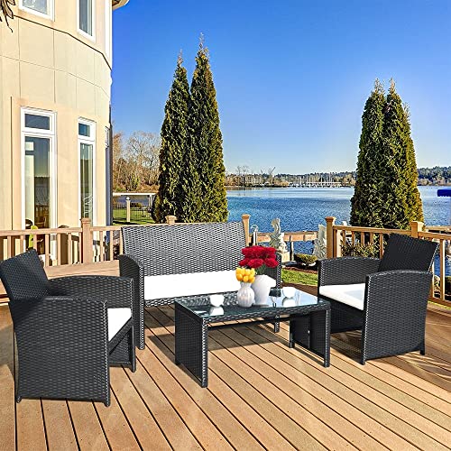 WYKDD 4PCS Patio Rattan Furniture Conversation Set Cushioned Sofa Table Garden Single Sofa