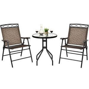 WYKDD 3 PCS Bistro Conversation Patio Pub Dining Set W/ 2 Folding Chairs & Glass Table Round Table