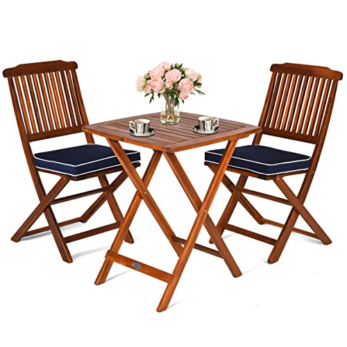 WYKDD 3PCS Patio Folding Wooden Bistro Set Cushioned Chair Conversation Table Chair Seat Cushion