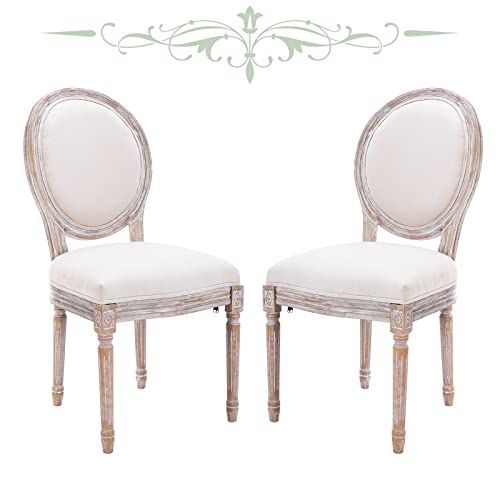 COLAMY Vintage Farmhouse Dining Chairs Set of 2, Upholstered French Country Dining Room Side Chairs with Round Back, Distressed Wood for Kitchen Living Room Bedroom