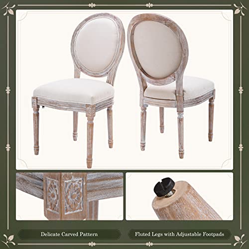 COLAMY Vintage Farmhouse Dining Chairs Set of 2, Upholstered French Country Dining Room Side Chairs with Round Back, Distressed Wood for Kitchen Living Room Bedroom