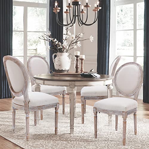 COLAMY Vintage Farmhouse Dining Chairs Set of 2, Upholstered French Country Dining Room Side Chairs with Round Back, Distressed Wood for Kitchen Living Room Bedroom