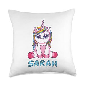 Sarah unicorn cute baby toddler unicorn baby Sarah Name Unicorn Baby Sits Cute Throw Pillow, 18x18, Multicolor