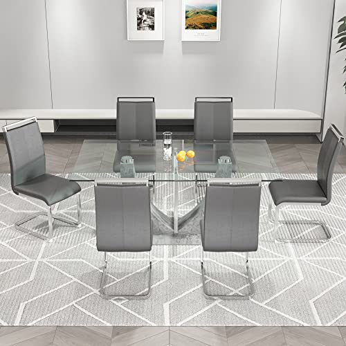 67" Rectangular Glass Dining Table Set for 6, Modern Rectangle Dining Table & Chair Sets for Kitchen Room, 67 inch Tempered Glass Table Top and PU Leather Dining Chairs with Silver Plating Legs, Grey