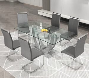 67" rectangular glass dining table set for 6, modern rectangle dining table & chair sets for kitchen room, 67 inch tempered glass table top and pu leather dining chairs with silver plating legs, grey