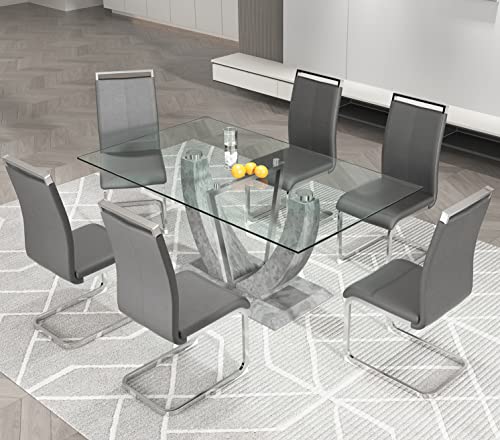 67" Rectangular Glass Dining Table Set for 6, Modern Rectangle Dining Table & Chair Sets for Kitchen Room, 67 inch Tempered Glass Table Top and PU Leather Dining Chairs with Silver Plating Legs, Grey