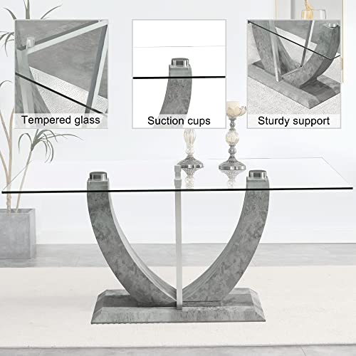 67" Rectangular Glass Dining Table Set for 6, Modern Rectangle Dining Table & Chair Sets for Kitchen Room, 67 inch Tempered Glass Table Top and PU Leather Dining Chairs with Silver Plating Legs, Grey