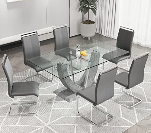 67" Rectangular Glass Dining Table Set for 6, Modern Rectangle Dining Table & Chair Sets for Kitchen Room, 67 inch Tempered Glass Table Top and PU Leather Dining Chairs with Silver Plating Legs, Grey