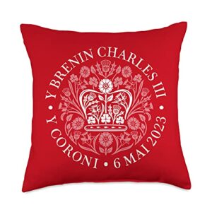 kings coronation 2023 merchandise brenin y coroni british king iii charles memorabilia wales welsh emblem mens throw pillow, 18x18, multicolor