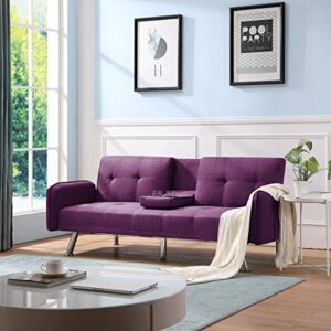 oyn folding modern futon sofa loveseat convertible sleeper couch bed for living room apartment small space furniture sets with 2 cup holders,metal legs, removable soft square armrest, purple