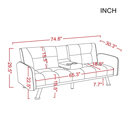 OYN Folding Modern Futon Sofa Loveseat Convertible Sleeper Couch Bed for Living Room Apartment Small Space Furniture Sets with 2 Cup Holders,Metal Legs, Removable Soft Square Armrest, Purple