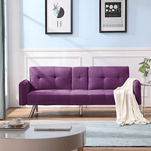 OYN Folding Modern Futon Sofa Loveseat Convertible Sleeper Couch Bed for Living Room Apartment Small Space Furniture Sets with 2 Cup Holders,Metal Legs, Removable Soft Square Armrest, Purple