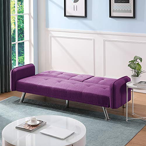 OYN Folding Modern Futon Sofa Loveseat Convertible Sleeper Couch Bed for Living Room Apartment Small Space Furniture Sets with 2 Cup Holders,Metal Legs, Removable Soft Square Armrest, Purple