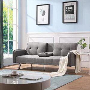 erdaye folding modern futon sofa loveseat convertible sleeper couch bed for living room apartment small space furniture sets with 2 cup holders,metal legs, removable soft square armrest,light gray