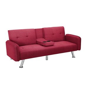 OYN Folding Modern Futon Sofa Loveseat Convertible Sleeper Couch Bed for Living Room Apartment Small Space Furniture Sets with 2 Cup Holders,Metal Legs, Removable Soft Square Armrest,Red