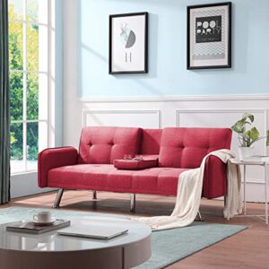 oyn folding modern futon sofa loveseat convertible sleeper couch bed for living room apartment small space furniture sets with 2 cup holders,metal legs, removable soft square armrest,red