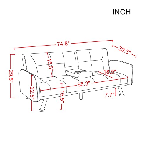 OYN Folding Modern Futon Sofa Loveseat Convertible Sleeper Couch Bed for Living Room Apartment Small Space Furniture Sets with 2 Cup Holders,Metal Legs, Removable Soft Square Armrest,Red