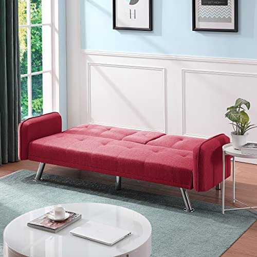 OYN Folding Modern Futon Sofa Loveseat Convertible Sleeper Couch Bed for Living Room Apartment Small Space Furniture Sets with 2 Cup Holders,Metal Legs, Removable Soft Square Armrest,Red