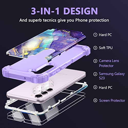 Rancase Compatible with Galaxy S23 5G Case,[2 Tempered Glass Screen Protector + 2 Camera Lens Protector ] Three Layer Heavy Duty Shockproof Protection Cover Case for Samsung Galaxy S23,Purple