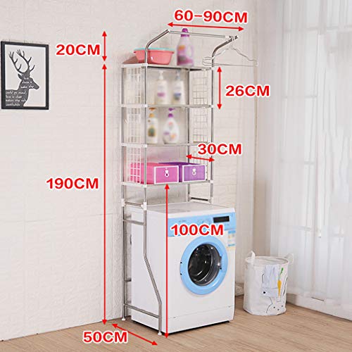 Hokcus Multi-Functional Shelf Washer Storage Frames for Over Toilet Floor Standing 4 Tier Washinghine Storage Rack,Adjustable Stainless Steel Bathroom Organizer Stand,Storage Shelf