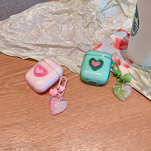 Ownest Compatible with AirPods Case, Cute 3D Heart Clear TPU Shockproof Cover Case Glitter with Bell Keychain for Women Girls for AirPods 3rd Generation 2021-Pink