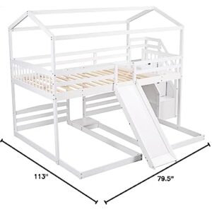 OYN Full Over Twin & Twin Floor Triple House Bunk Bed with Slide, Storage Staircase, Built-in Drawer and Shelf for Children Teens Boys and Girls ,Modren Bedroom Bedframe Furniture, White