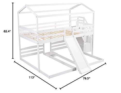 OYN Full Over Twin & Twin Floor Triple House Bunk Bed with Slide, Storage Staircase, Built-in Drawer and Shelf for Children Teens Boys and Girls ,Modren Bedroom Bedframe Furniture, White