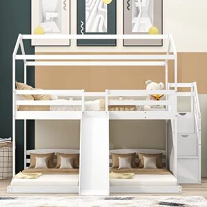 oyn full over twin & twin floor triple house bunk bed with slide, storage staircase, built-in drawer and shelf for children teens boys and girls ,modren bedroom bedframe furniture, white