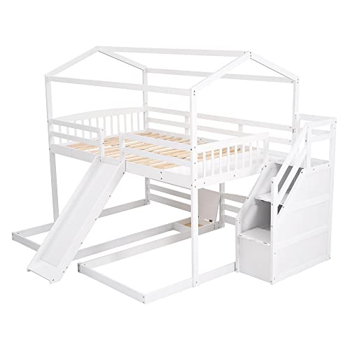 OYN Full Over Twin & Twin Floor Triple House Bunk Bed with Slide, Storage Staircase, Built-in Drawer and Shelf for Children Teens Boys and Girls ,Modren Bedroom Bedframe Furniture, White