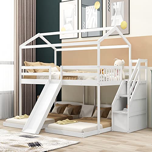 OYN Full Over Twin & Twin Floor Triple House Bunk Bed with Slide, Storage Staircase, Built-in Drawer and Shelf for Children Teens Boys and Girls ,Modren Bedroom Bedframe Furniture, White