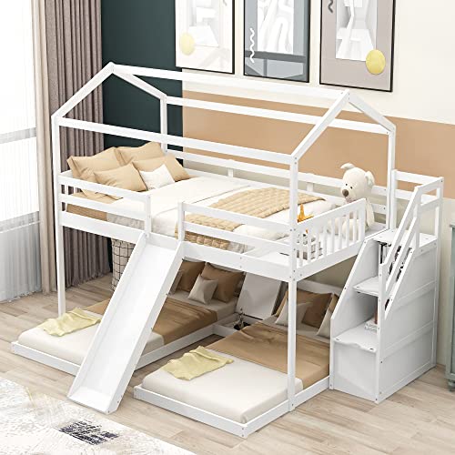 OYN Full Over Twin & Twin Floor Triple House Bunk Bed with Slide, Storage Staircase, Built-in Drawer and Shelf for Children Teens Boys and Girls ,Modren Bedroom Bedframe Furniture, White