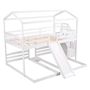 OYN Full Over Twin & Twin Floor Triple House Bunk Bed with Slide, Storage Staircase, Built-in Drawer and Shelf for Children Teens Boys and Girls ,Modren Bedroom Bedframe Furniture, White