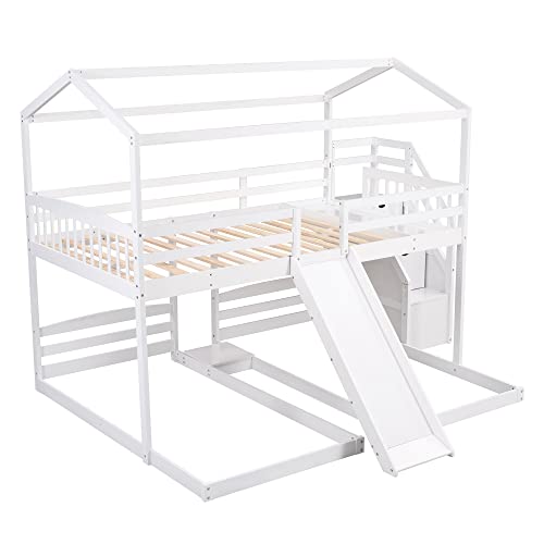 OYN Full Over Twin & Twin Floor Triple House Bunk Bed with Slide, Storage Staircase, Built-in Drawer and Shelf for Children Teens Boys and Girls ,Modren Bedroom Bedframe Furniture, White