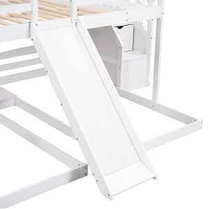 OYN Full Over Twin & Twin Floor Triple House Bunk Bed with Slide, Storage Staircase, Built-in Drawer and Shelf for Children Teens Boys and Girls ,Modren Bedroom Bedframe Furniture, White