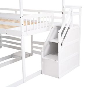 OYN Full Over Twin & Twin Floor Triple House Bunk Bed with Slide, Storage Staircase, Built-in Drawer and Shelf for Children Teens Boys and Girls ,Modren Bedroom Bedframe Furniture, White