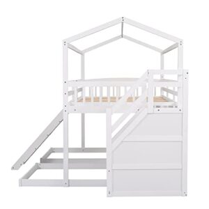 OYN Full Over Twin & Twin Floor Triple House Bunk Bed with Slide, Storage Staircase, Built-in Drawer and Shelf for Children Teens Boys and Girls ,Modren Bedroom Bedframe Furniture, White