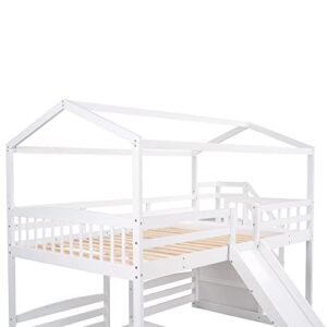 OYN Full Over Twin & Twin Floor Triple House Bunk Bed with Slide, Storage Staircase, Built-in Drawer and Shelf for Children Teens Boys and Girls ,Modren Bedroom Bedframe Furniture, White