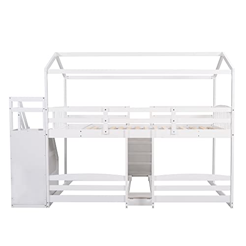 OYN Full Over Twin & Twin Floor Triple House Bunk Bed with Slide, Storage Staircase, Built-in Drawer and Shelf for Children Teens Boys and Girls ,Modren Bedroom Bedframe Furniture, White