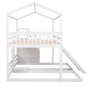 OYN Full Over Twin & Twin Floor Triple House Bunk Bed with Slide, Storage Staircase, Built-in Drawer and Shelf for Children Teens Boys and Girls ,Modren Bedroom Bedframe Furniture, White